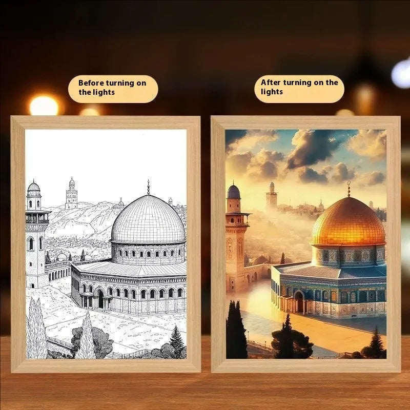 Handmade rectangular light painting digital photo frame displaying spiritual image with USB cable