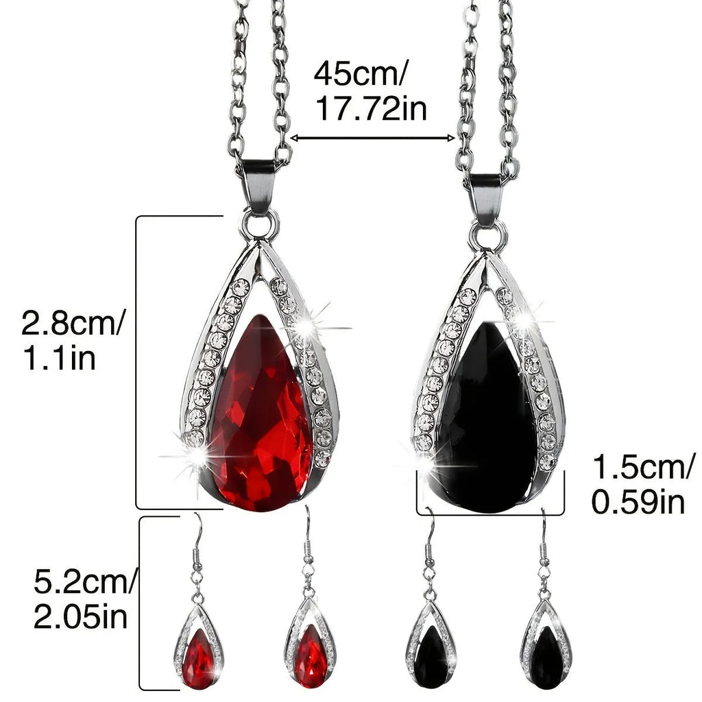 Alloy teardrop pendant necklace and earrings set in black or red colour options