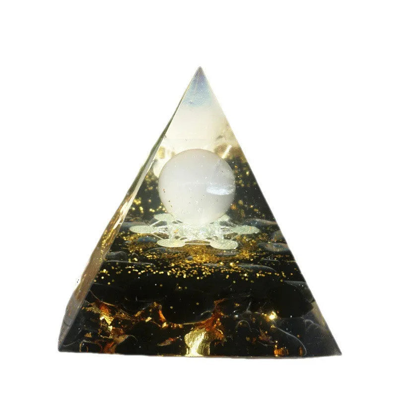6cm crystal epoxy resin pyramid ornament with gravel inclusions in lapis lazuli colour