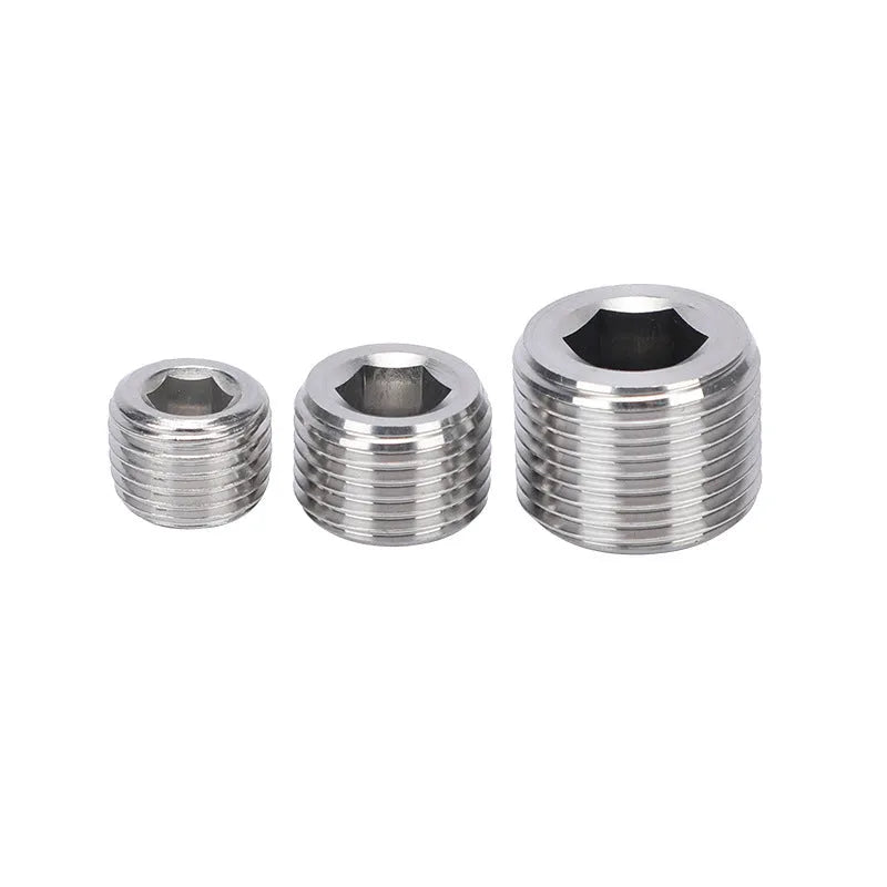 Stainless steel hexagon plug with 3/8 inch connection point for pipe bulkhead sealing