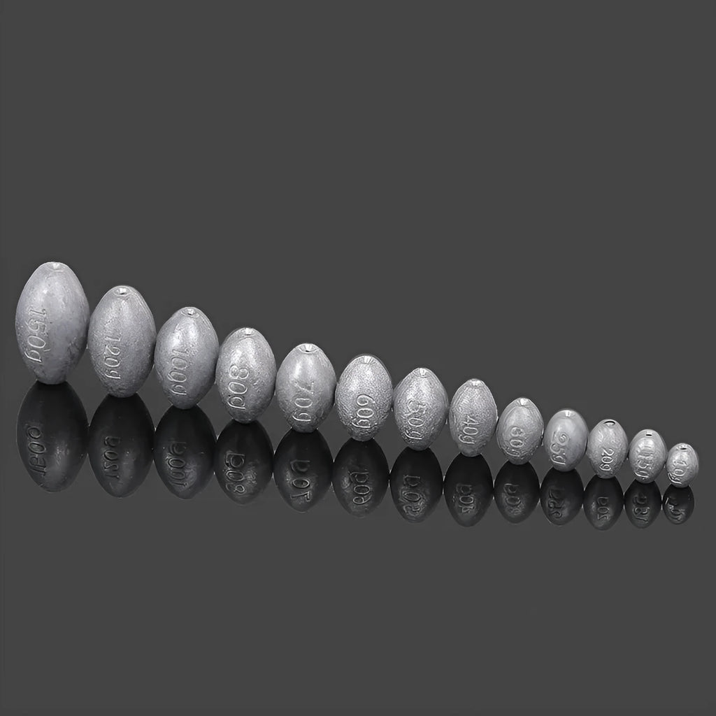 Rugby-shaped olive green lead fishing sinker with plastic core, shown with weight options from 10g to 150g.