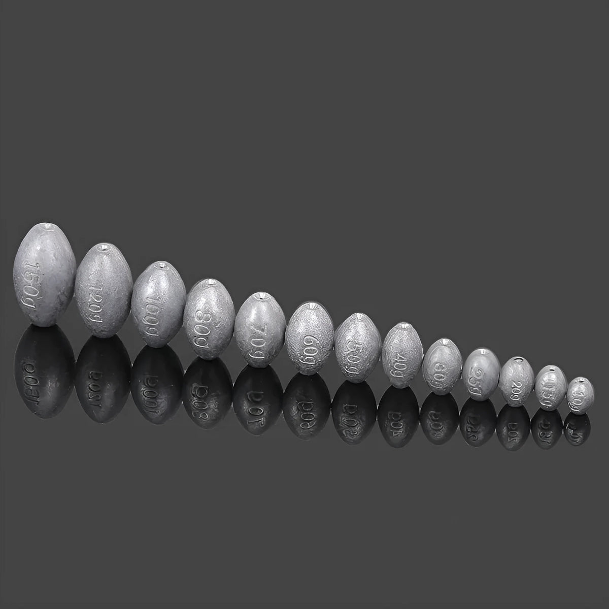 Rugby-shaped olive green lead fishing sinker with plastic core, shown with weight options from 10g to 150g.