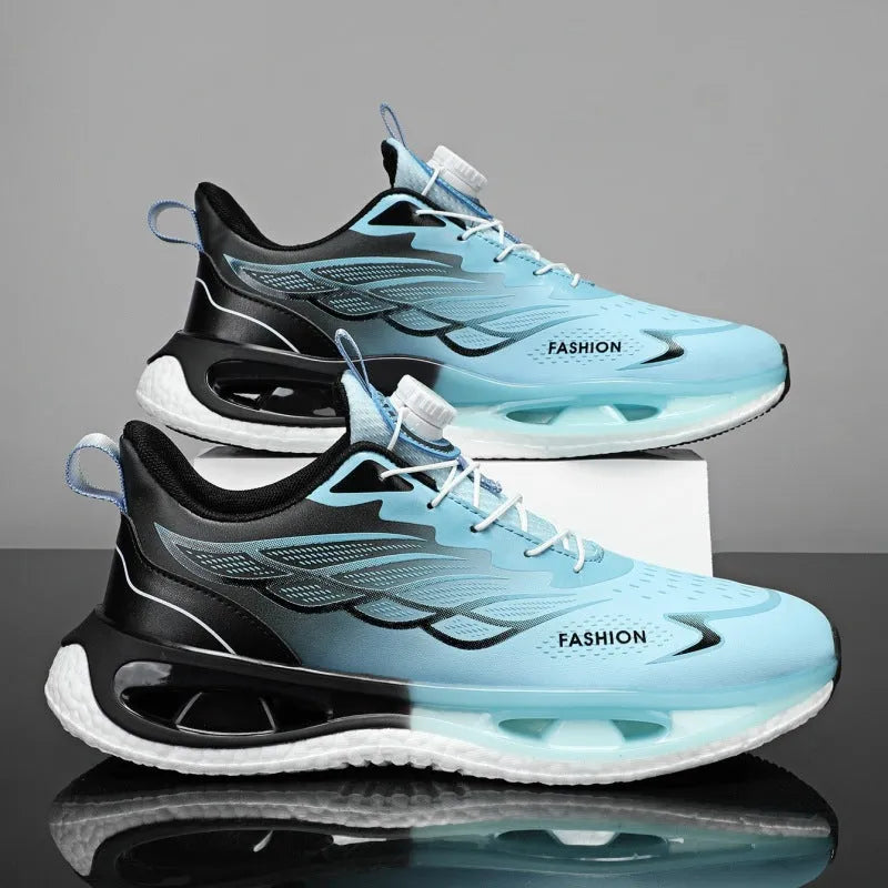 Youth sneakers with rotating button and shock absorption in light blue mesh fabric with rubber soles