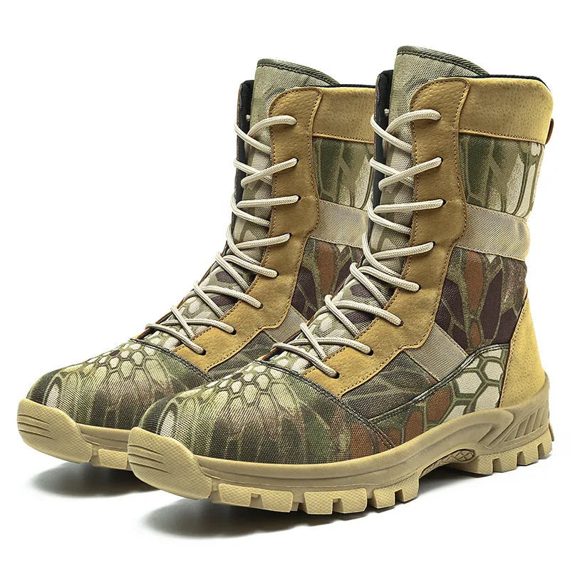 Men's black high-top combat boots with mesh upper and totem detailing in UK size 44
