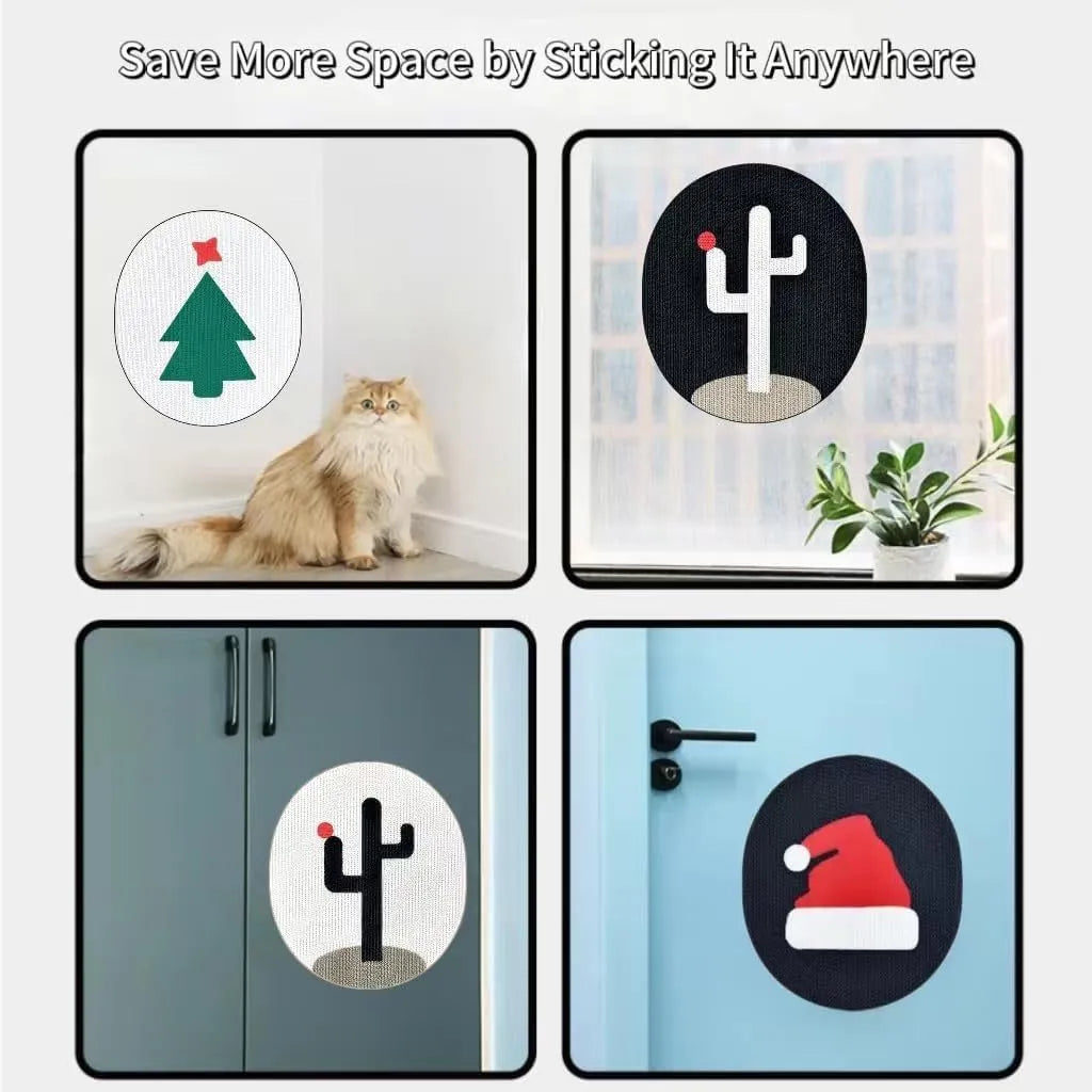 Wall-mounted vertical cat scratcher with corrugated cardboard surface and decorative cactus design