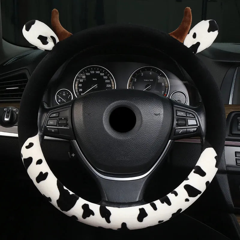 Plush car steering wheel cover with protective handle in black colour showing 38cm diameter