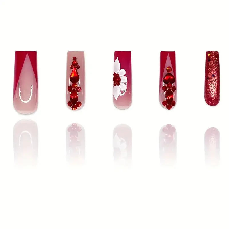 Sweet flower pattern fake nails with red diamond decorations in long European Square shape
