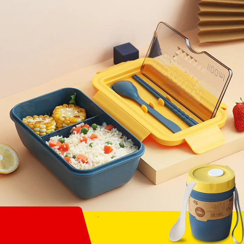 Green partitioned bento box with four compartments showing 20.5 cm plastic lunch container