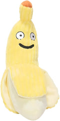 Yellow banana-shaped plush cat toy with crinkle paper and catnip filling.