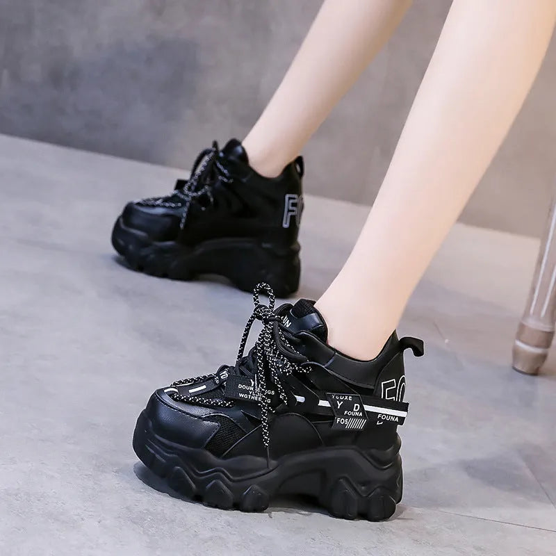 Women's white breathable mesh platform sports shoes with cross strap design and rubber sole