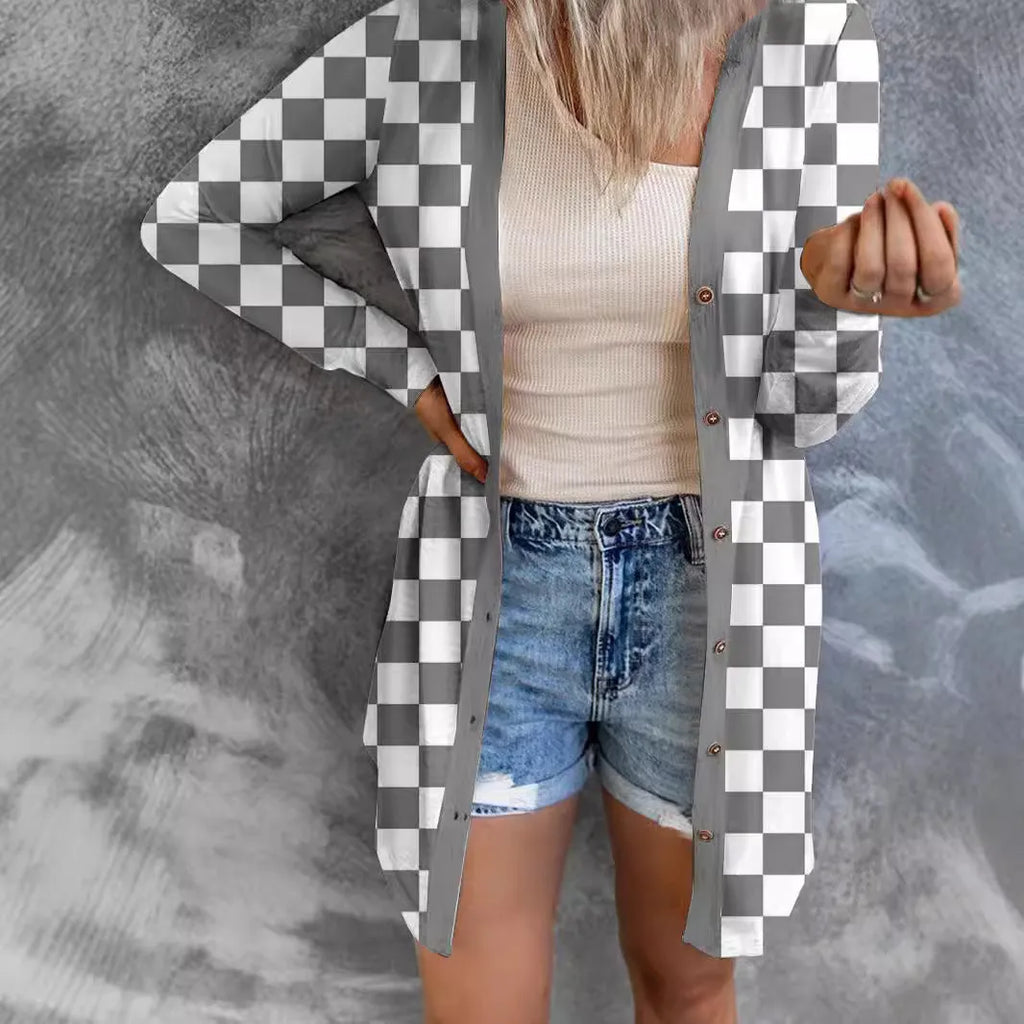 Women's long grey plaid cardigan coat with loose knit and regular sleeves, laid flat.