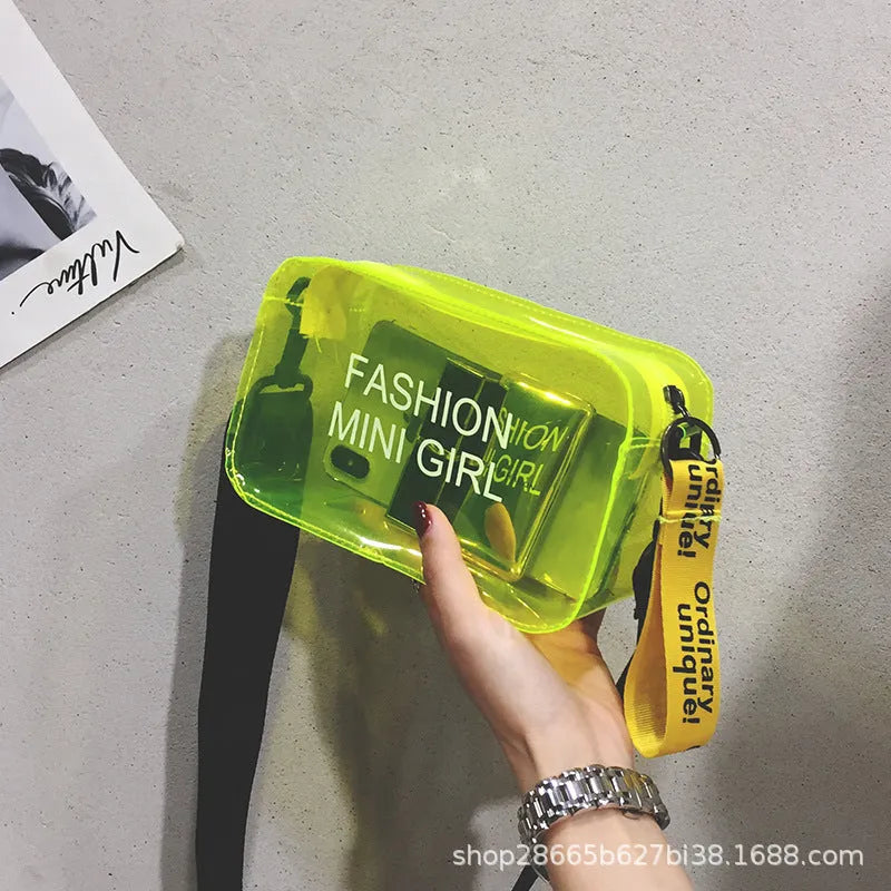 Transparent square jelly shoulder bag in hard PC material with adjustable strap and fresh sweet design