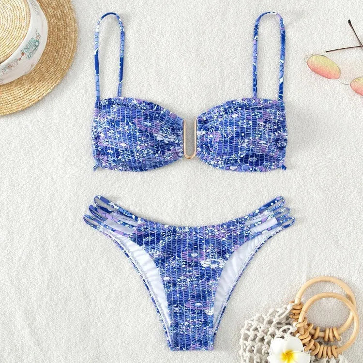 Women's floral bikini swimsuit with high-waist briefs in blue, orange, pink and rose red colour options