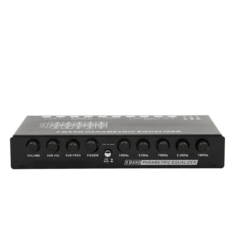 Black car audio EQ tuning body with 6-channel output and 7-band frequency controls for subwoofers