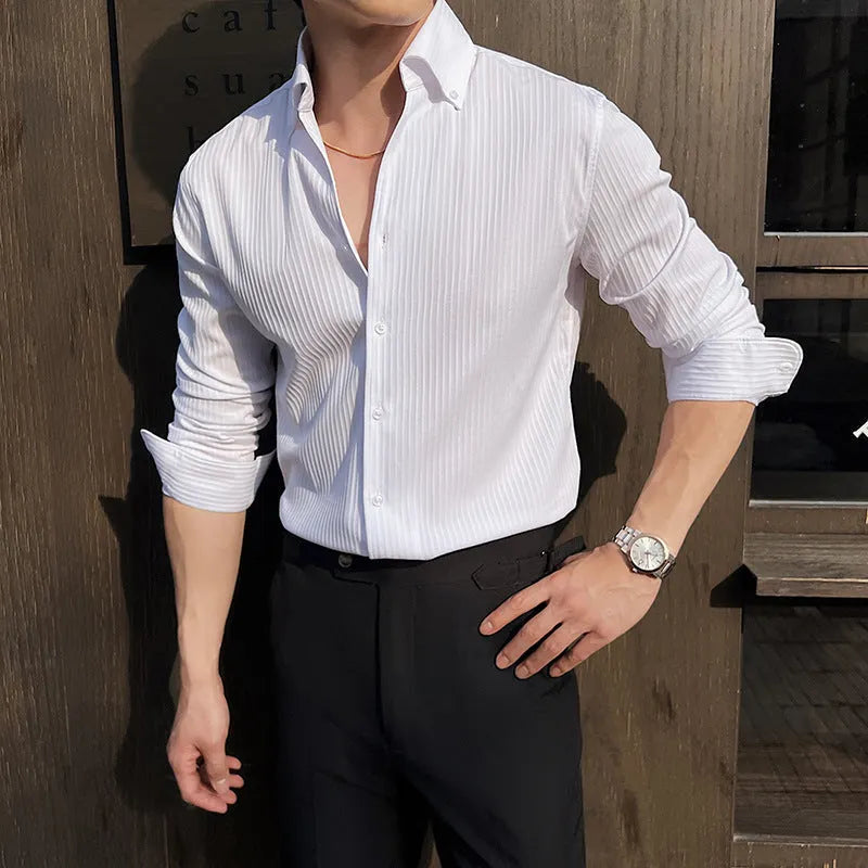 Men's dark striped V-neck long sleeve cardigan shirt in chemical fibre blend fabric