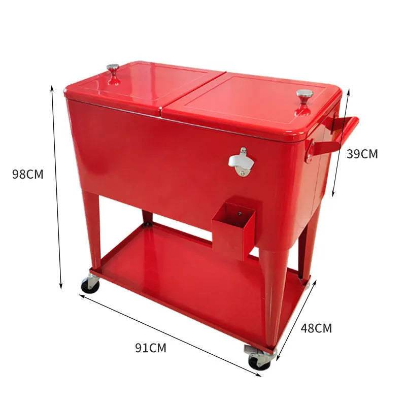 Red metal insulated picnic trolley with wheels and handle, 750ml capacity