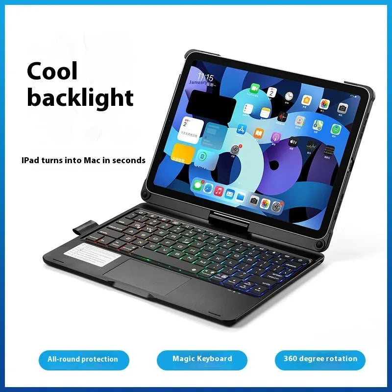 Miaocontrol Bluetooth keyboard with rotating stand holding an iPad tablet