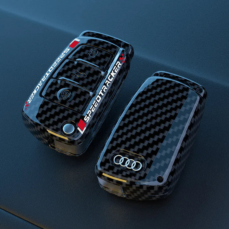 Carbon fibre style car key cover with mirror surface detail in carbon black colour