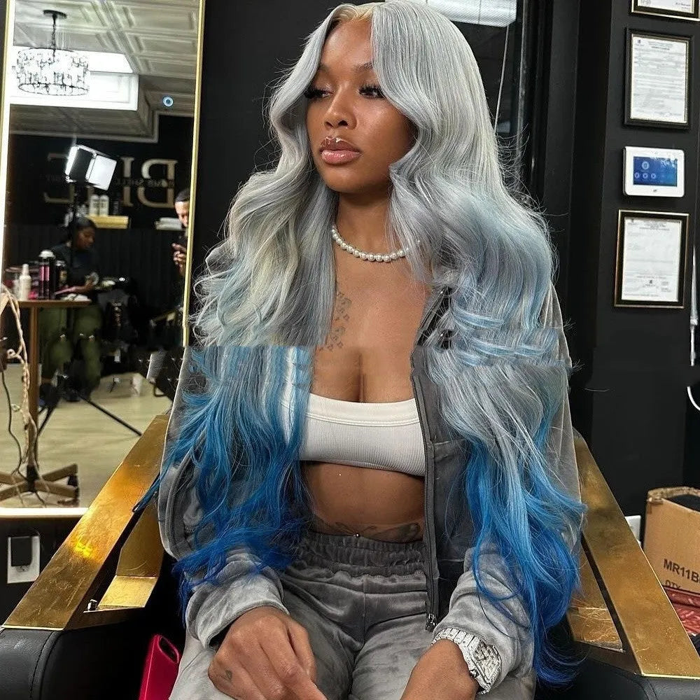 Grey blue gradient ombre human hair wig with lace front construction shown at 22 inch length