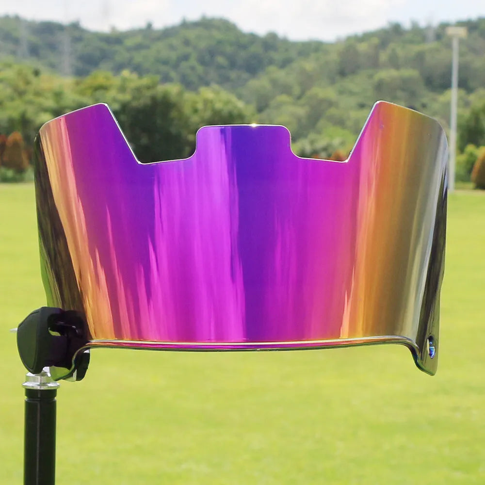 American style rugby helmet goggles in a multicolour option, showing attachment to a rugby helmet.