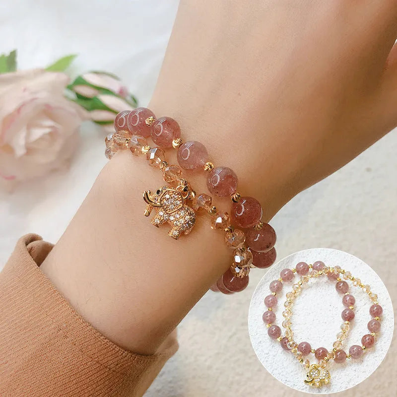 Retro multicolour bracelet for women made with colour hair crystal and strawberry quartz beads.