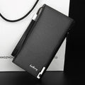 Men's long zipper wallet in black PU leather, showing the waterproof and wear-resistant material and zipper closure.