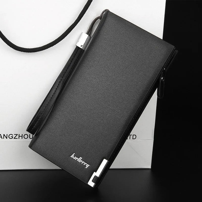 Men's long zipper wallet in black PU leather, showing the waterproof and wear-resistant material and zipper closure.