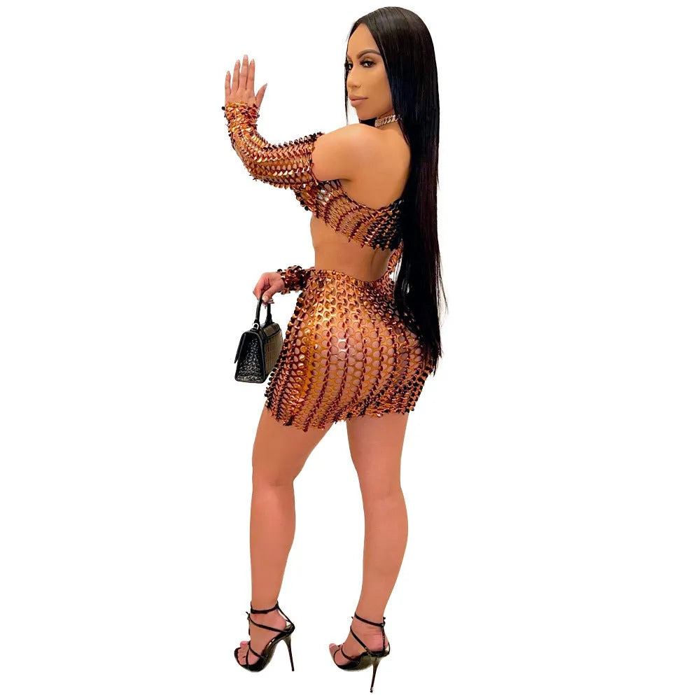 Women's black hollow-out net two-piece sleeveless dress set with short skirt