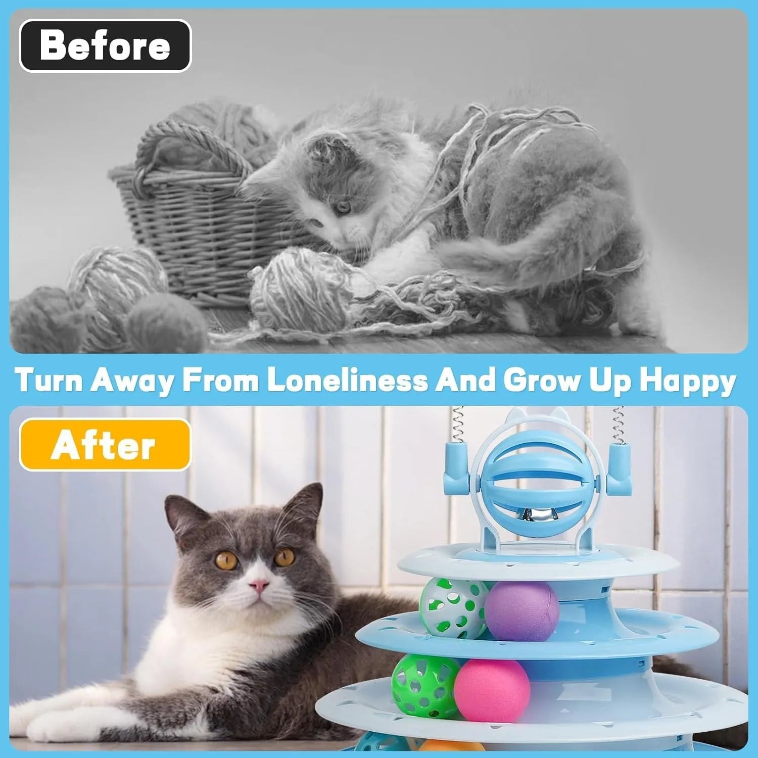 Blue 4-tier interactive cat toy with balls and teasing rods on a non-slip base.