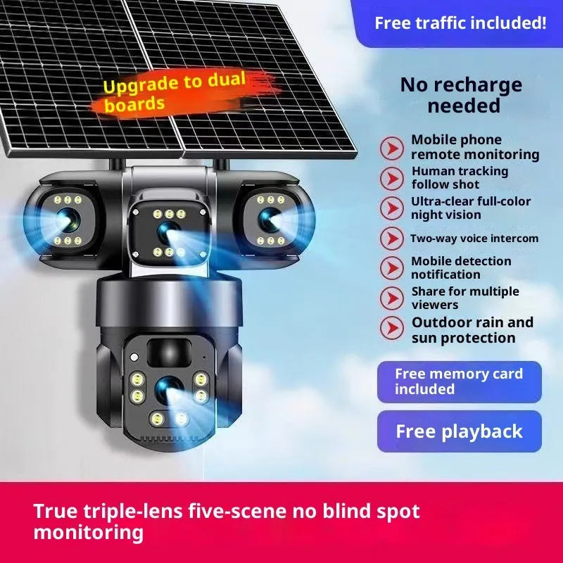 Solar surveillance camera without plug-in, three lens, IP66 waterproof ABS body, 200x170x210mm