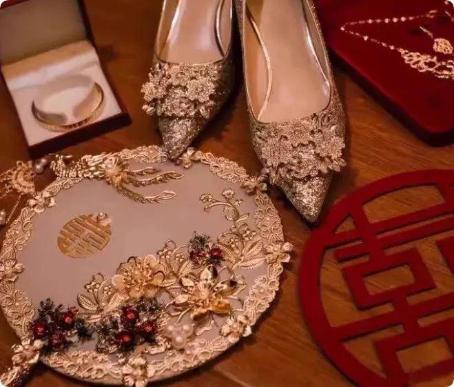 Champagne coloured wedding shoes with crystal design, pointed toes and fine heels
