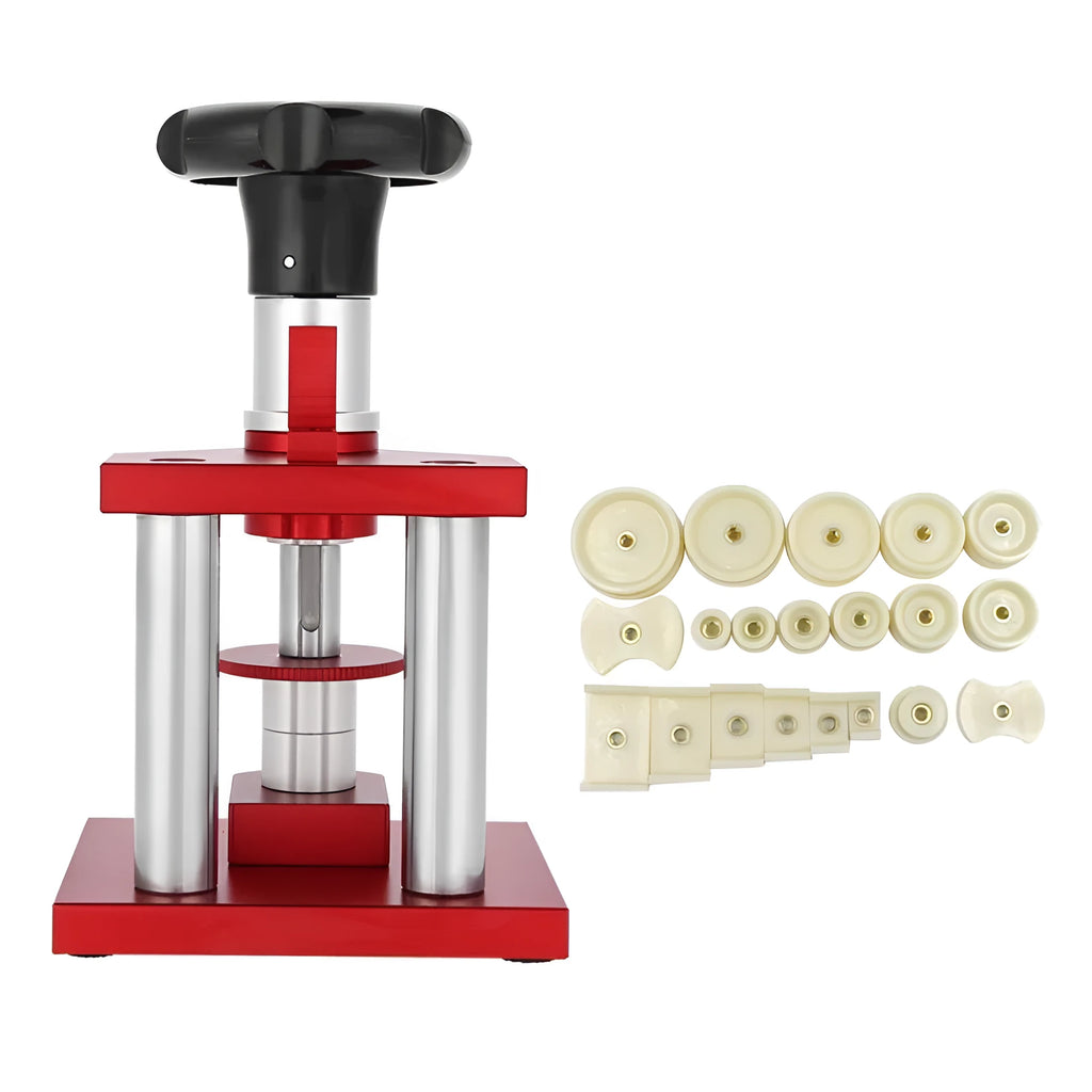 Watch repair spiral cap presser tool with set of 20 plastic moulds for various watch case sizes