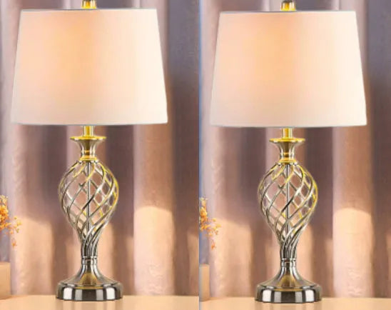 European style alloy touch sensing bedside table lamp with dimmable cold and warm light and a USB charging socket.