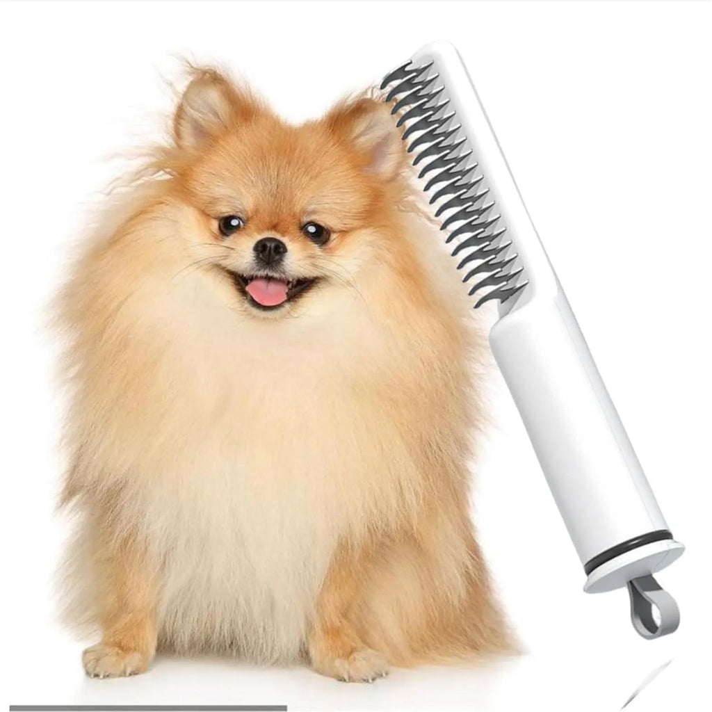 Stainless steel dematting comb for pets with a user-friendly handle, shown in pink or white.
