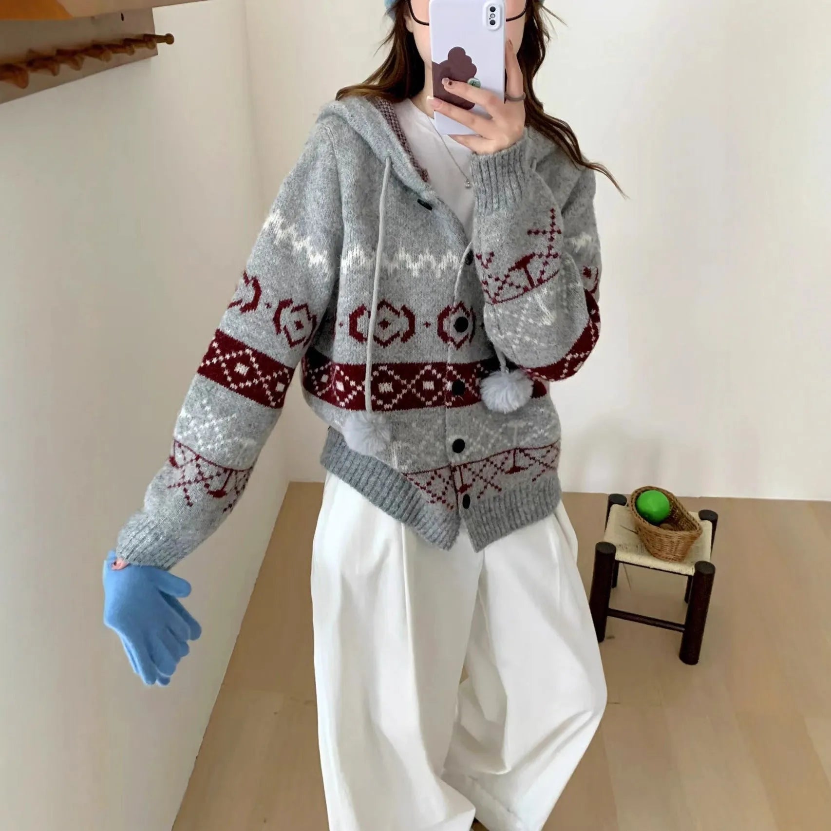 Women's plus size brocade knit sweater coat with geometric pattern in milky white and grey colour options