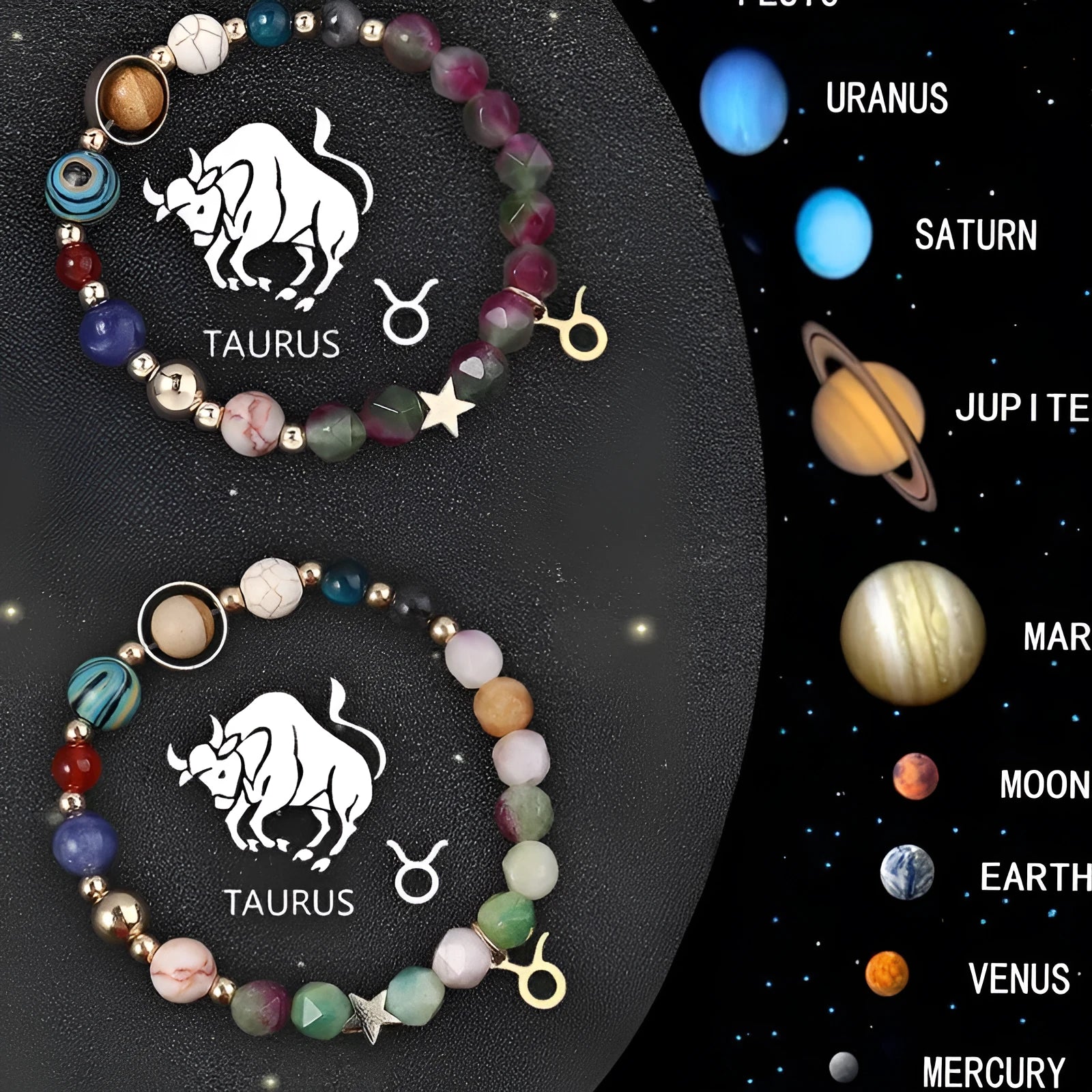 Natural stone beaded zodiac bracelets showing twelve different star sign designs