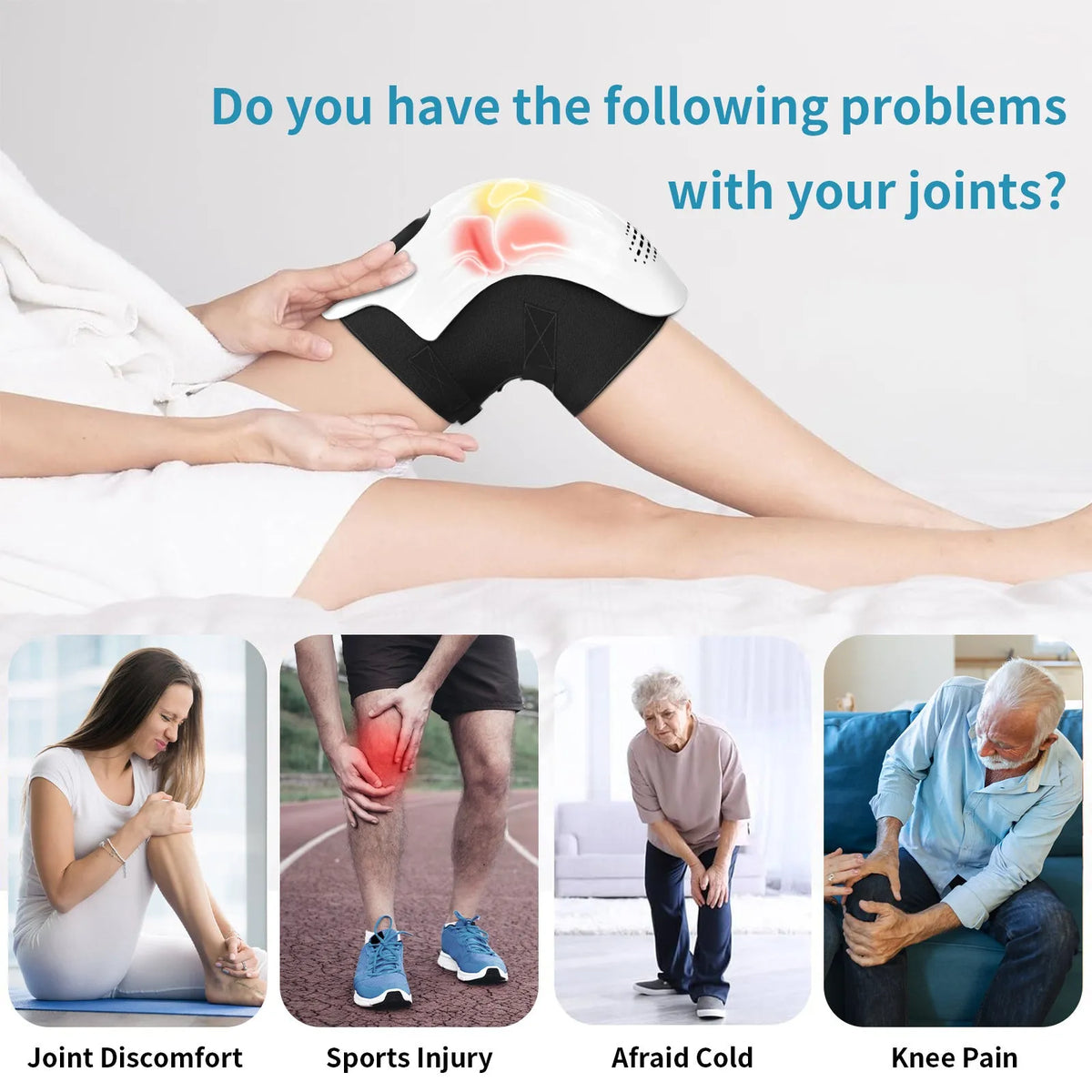 Intelligent electric knee massager with heating, kneading, infrared laser and vibration functions in white colour