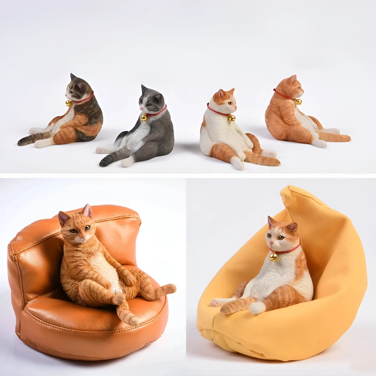 Small lazy cat resin model ornament with fabric art sofa on a car dashboard.