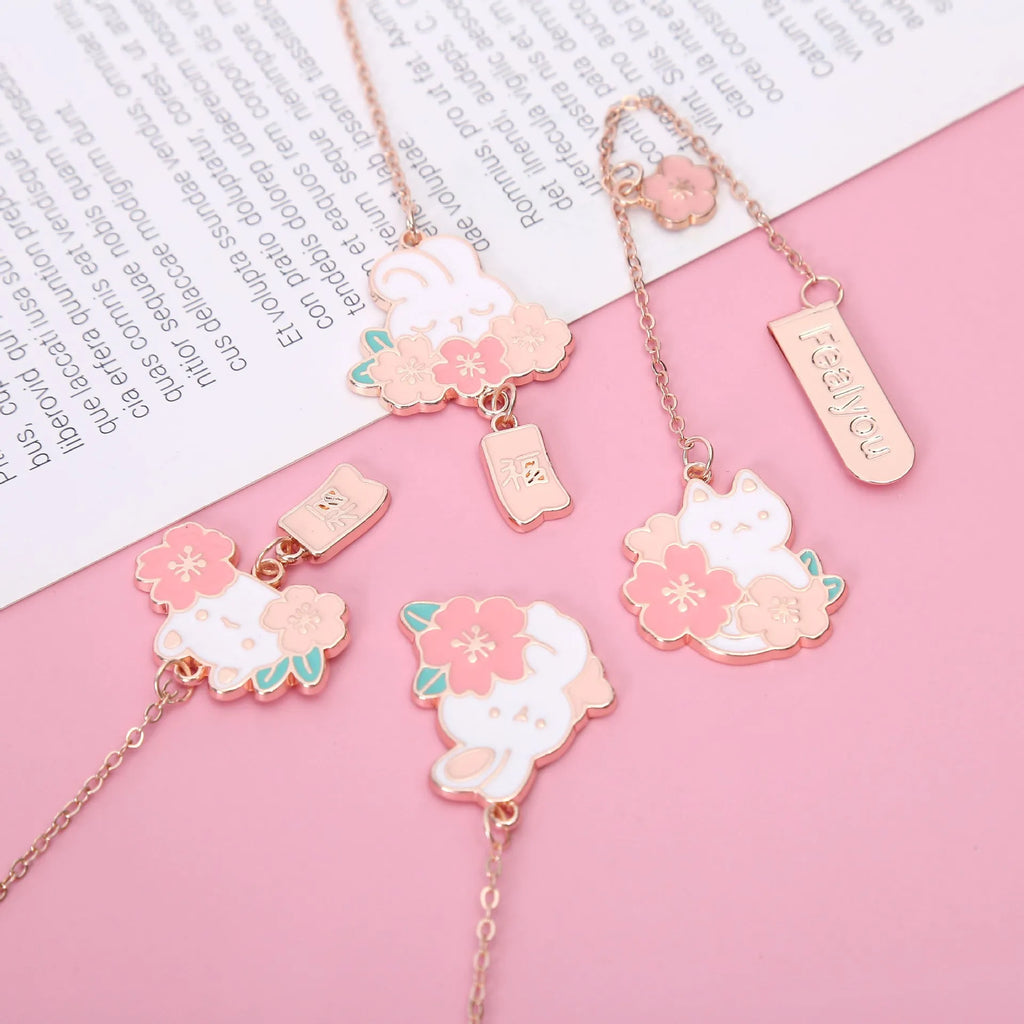 Metal pendant bookmark with cartoon sakura cat design for books and journals