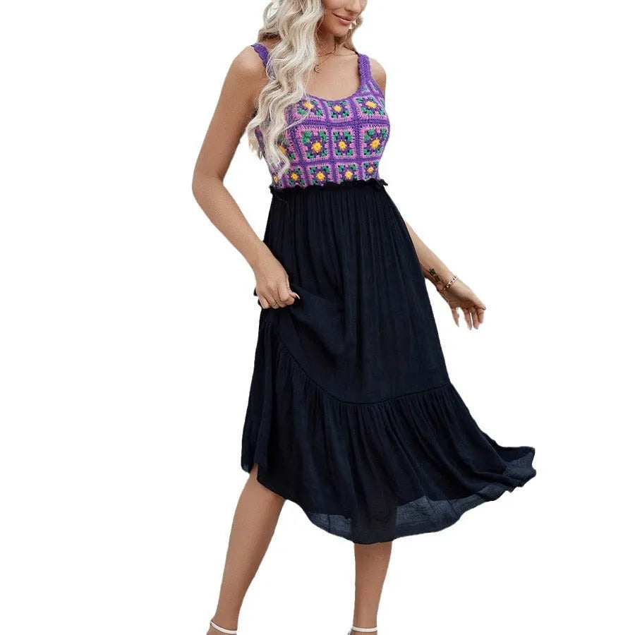 Purple sleeveless dress with hand-hooked white floral stitching and acrylic skirt.