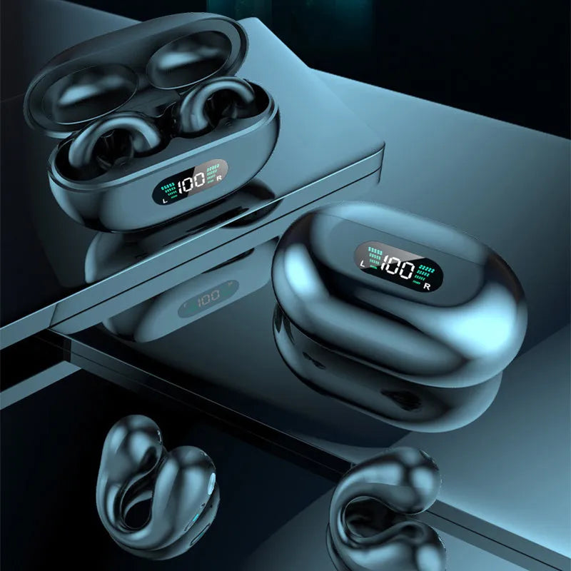 Bone conduction Bluetooth ear clip headset in black, white, or khaki colours showing ear clip design