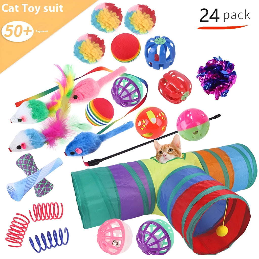 Multi-coloured plastic cat toy set with channel maze design for interactive pet play and enrichment
