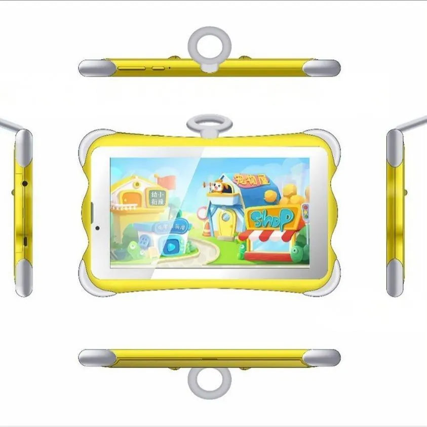 A 7-inch children's learning tablet in a cartoon colour, shown with its stand attached, on a table.