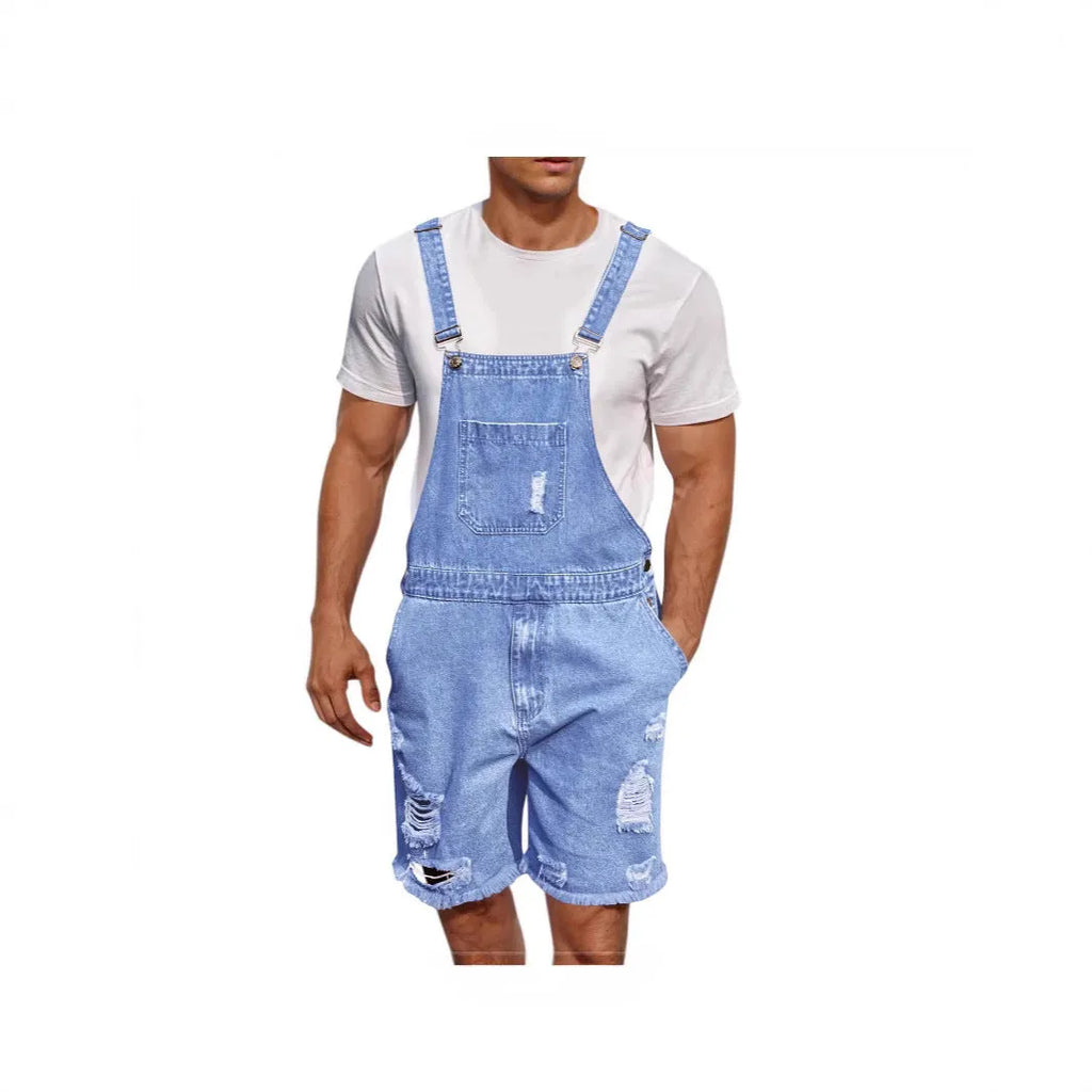 Men's ripped denim suspender shorts in straight-leg cut, available in three colour options