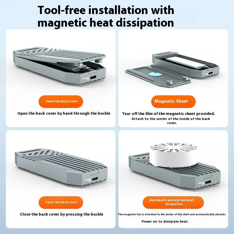 Silver aluminium Thunderbolt 4 external SSD enclosure for M.2 drives with a cooling fan on a desk