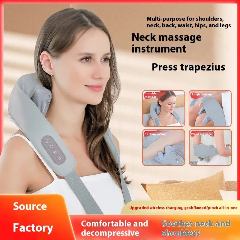 Grey elastic fabric USB neck and back massage instrument with infrared function.