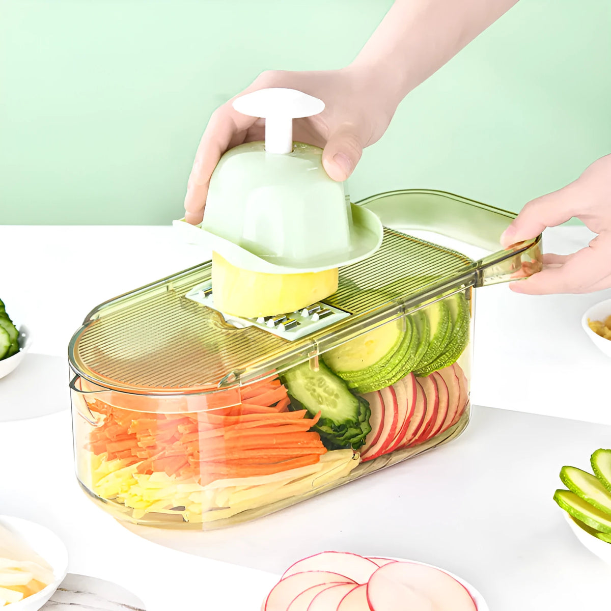Transparent green vegetable cutter with stainless steel blades and 1.5L chopping box