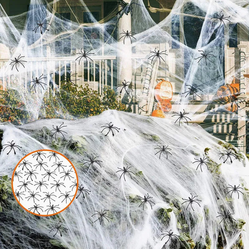 White cotton spider web Halloween decorations with spiders in various package size options