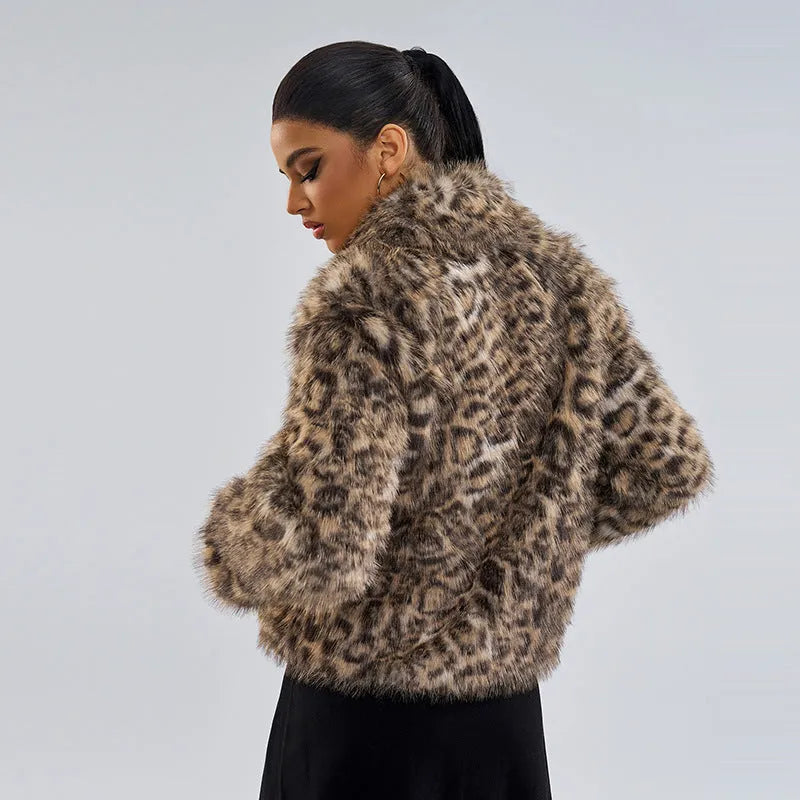 Women's leopard print buckle lapel street fashion coat with regular sleeves