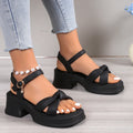 Black women's high heel slippers with thick rubber sole and round toe.